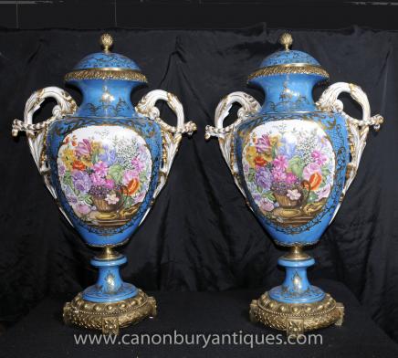 Pair Large Sevres Floral Porcelain Vases Amphora Urns
